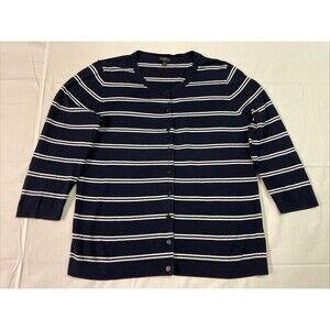 Talbots Navy Blue White Stripe Cotton Blend Cardigan Sweater Size M